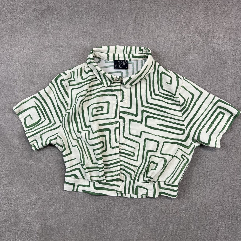 Milk & Honey Size M Green White Geometric Maze Print Tie Back Crop Top Blouse